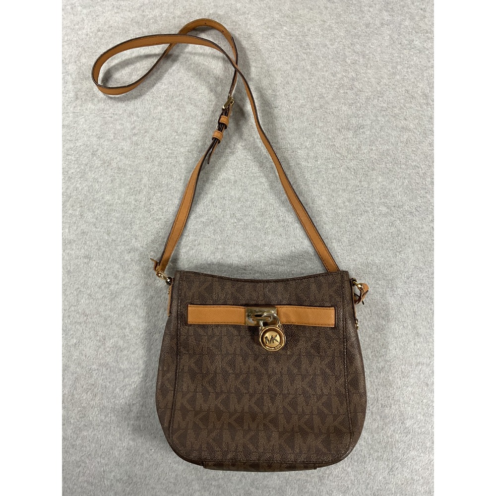 Michael Kors Brown Signature Logo Crossbody Bag Tan Trim Gold Hardware Lock